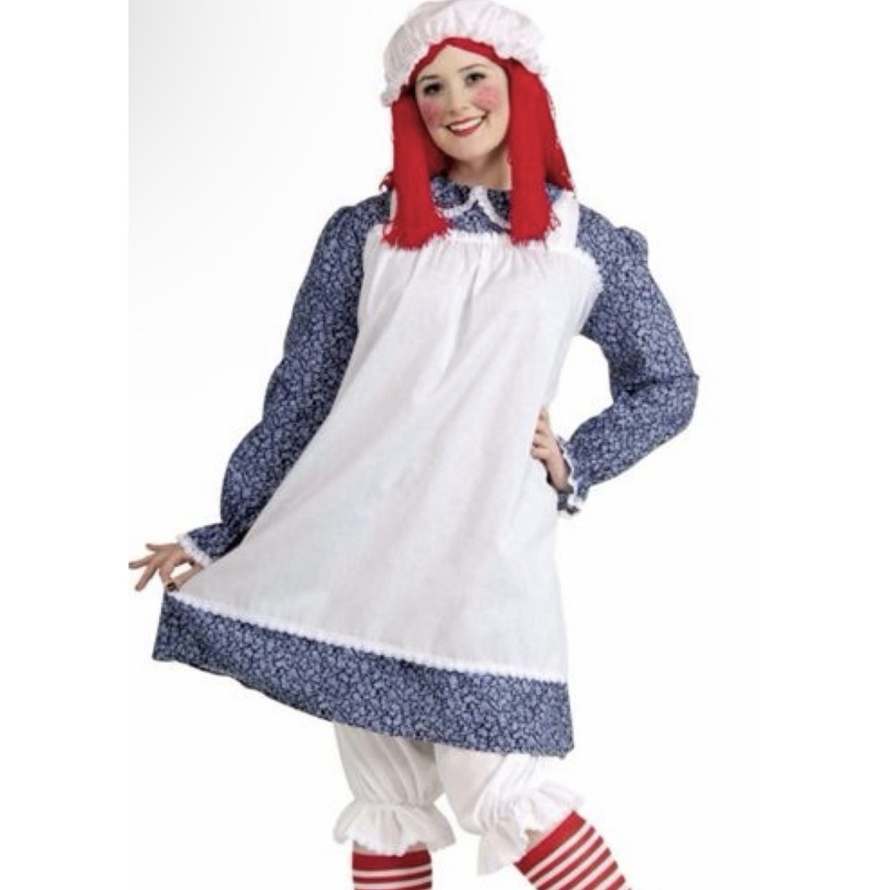 Raggedy Ann Halloween Costume Women's One Size Hat Dress with Apron Pantaloons
